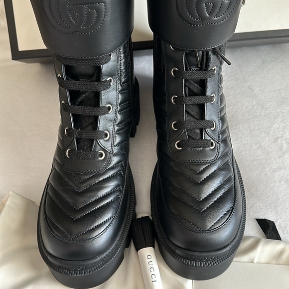 GUCCI Nappa Frances Interlocking GG Black Leather Combat Boots 8 Made in Italy - Picture 4 of 9